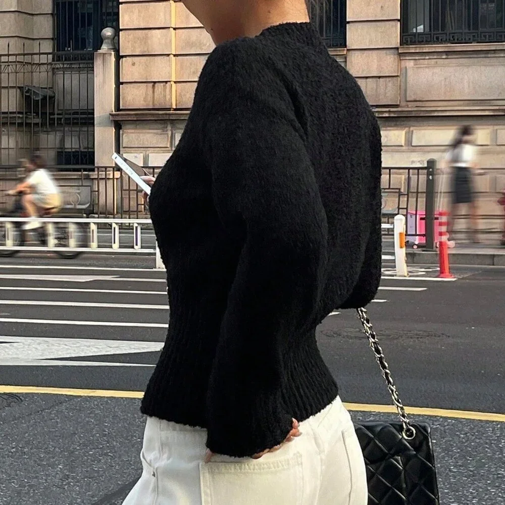 Black Casual Women's V-Neck Rose Button-Up knit sweater Cardigan